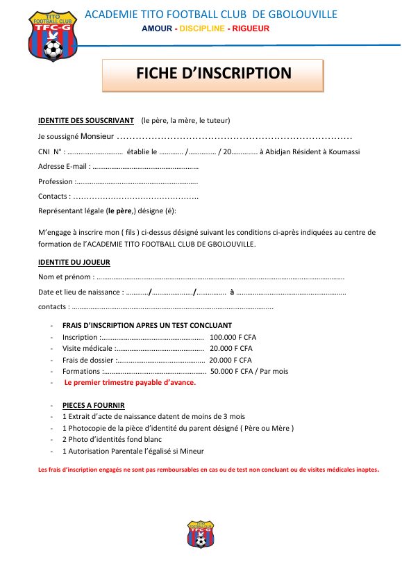Aperçu de : Fiche d'inscription 2026-2027